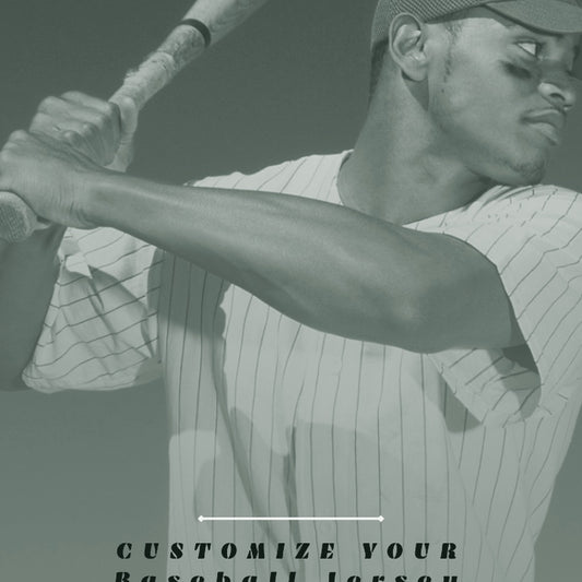 A male model wearing a red baseball cap and a customizable baseball jersey, with the text 'Customize Your Baseball Jersey' printed on the front. ThreaderPros custom baseball jersey.
