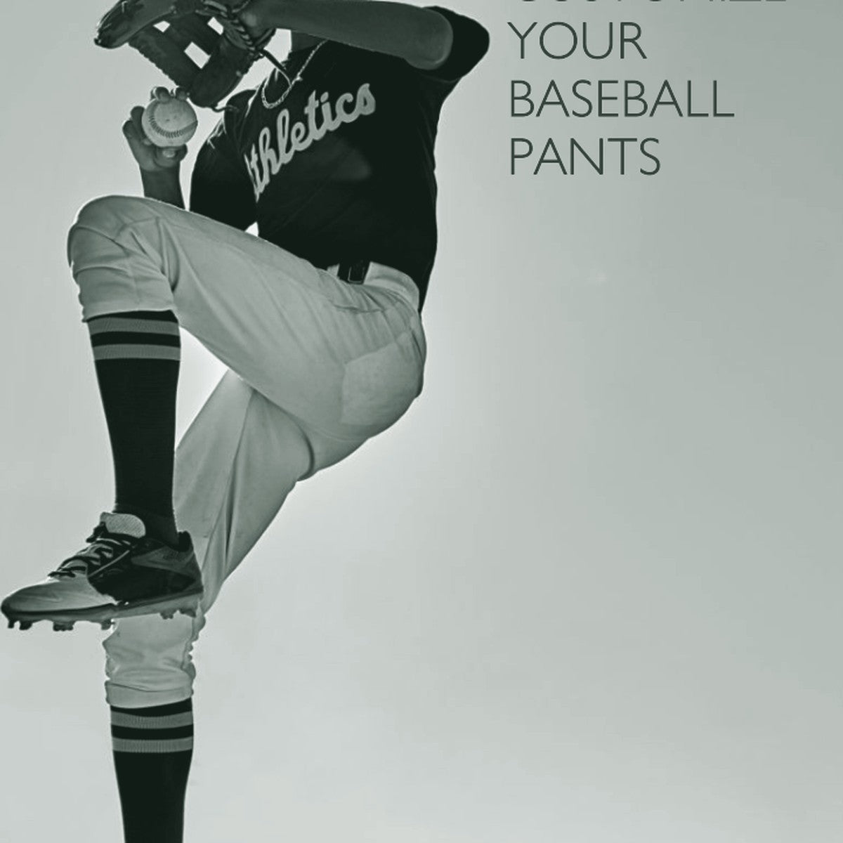 A baseball player in mid-pitch with a customized logo on the pants, a cap, and a baseball glove in hand, against a clear sky and field background. ThreaderPros custom baseball pants.