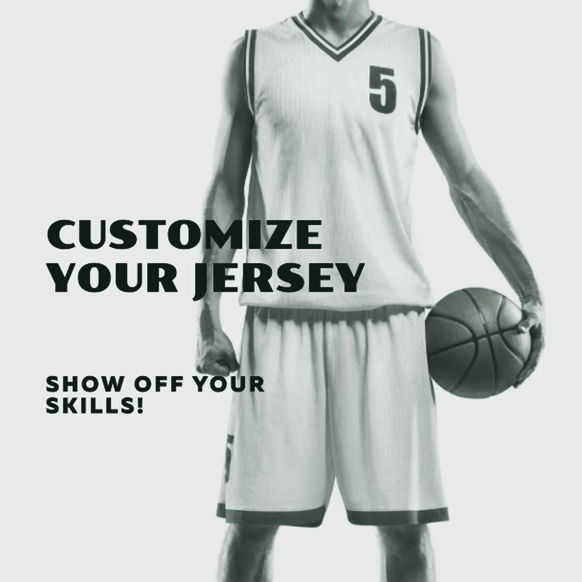 A male model wearing a white basketball jersey with the number 5 on it, holding a basketball, against a white background. The text 'Customize Your Jersey' and 'Show Off Your Skills!' is visible. ThreaderPros men's custom basketball jersey.