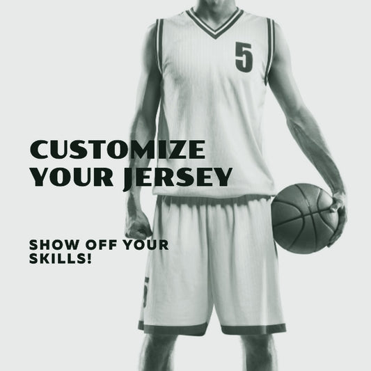 A male model wearing a white basketball jersey with the number 5 on it, holding a basketball, against a white background. The text 'Customize Your Jersey' and 'Show Off Your Skills!' is visible. ThreaderPros men's custom basketball jersey.
