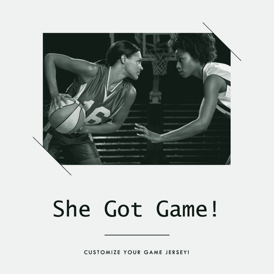 Two female basketball players in red and white uniforms playing basketball on a court, with one player holding a basketball and the other player reaching for it. ThreaderPros women's custom basketball jersey.