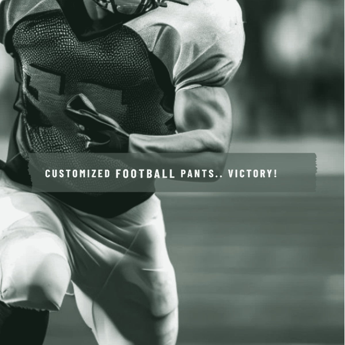 A male football player in white pants and pads running on a field, with the text 'Customized Football Pants... Victory!' overlaid. ThreaderPros custom football pants.