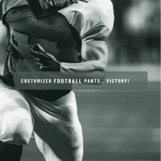 A male football player in white pants and pads running on a field, with the text 'Customized Football Pants... Victory!' overlaid. ThreaderPros custom football pants.