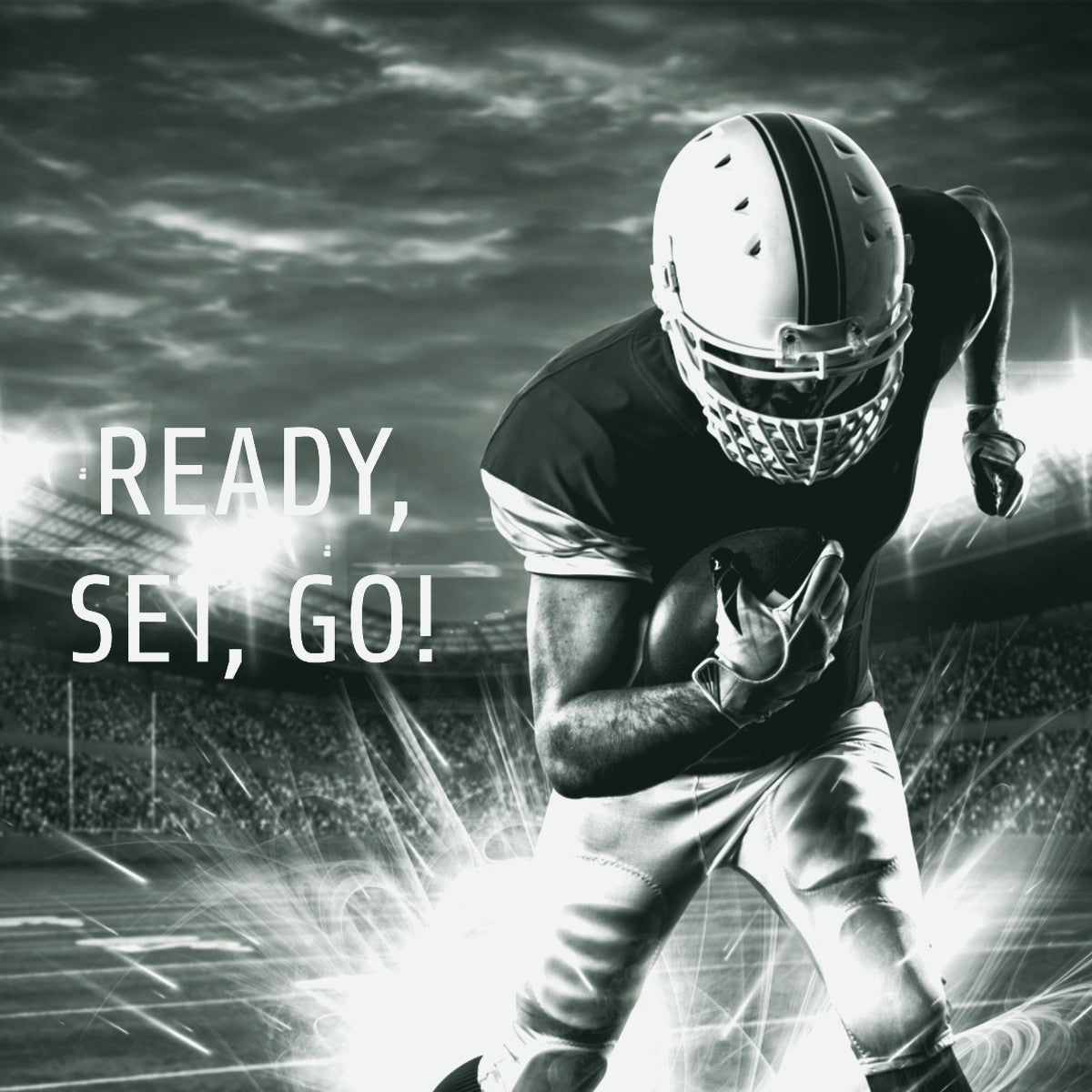 Football player in red uniform running with the ball under stadium lights, promoting ThreaderPros custom football uniform sets