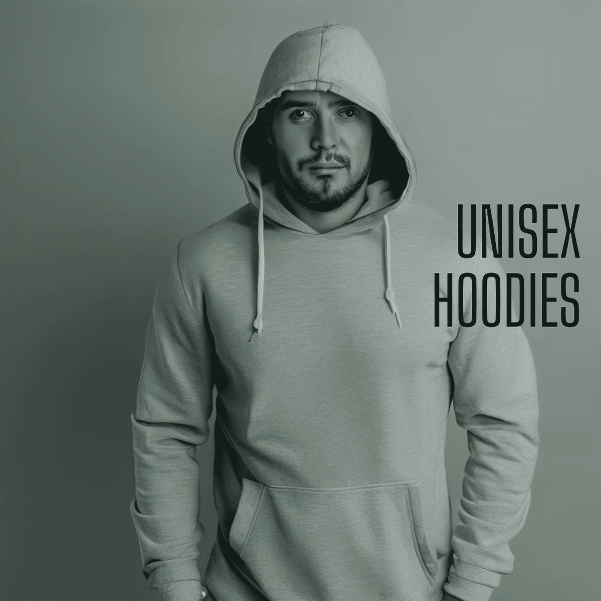 Man wearing a light gray unisex hoodie against a yellow backdrop, ThreaderPros custom team hoodie