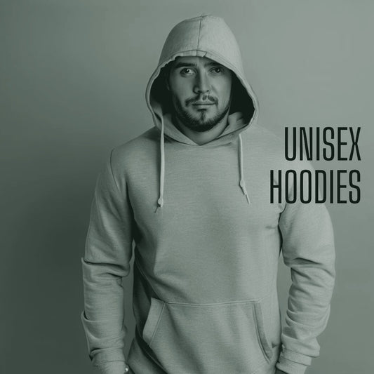 Man wearing a light gray unisex hoodie against a yellow backdrop, ThreaderPros custom team hoodie