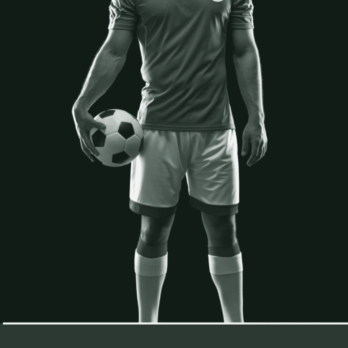 A male model wearing a green and white soccer jersey with a soccer ball on the left chest area. The model has a confident pose and is ready to play. ThreaderPros men's custom soccer jersey.